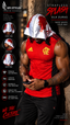 A muscular man wearing a red Flamengo jersey and black pants, with a white silk durag featuring a red blood splatter print on his head, leaning against a wooden wall. The image is a promotional graphic for SPI STYLES 'Strapless Splash' Silk Durag, showing front, side, and back views on the left side.