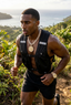 Man running outdoors with a scenic background