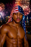 Man wearing an American flag headscarf with fireworks and city skyline in the background