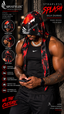 A muscular man wearing a black and red patterned hooded visor headwear piece with the brand name SPI STYLES, shown in a lifestyle promotional layout with text overlays and product feature callouts.