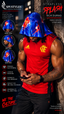 A muscular man wearing a red sleeveless Adidas shirt and black shorts, leaning against a tree trunk. He is wearing a blue and red patterned Splash Silk Durag head covering.