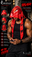 A muscular man wearing a red and black splash silk durag headwrap, shown in a lifestyle promotional graphic with front, side, and back views, and product features listed on the left.