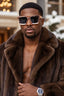 Man wearing a brown fur coat and sunglasses with a blurred background