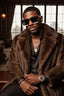 Man wearing a brown fur coat, sunglasses, and a watch in an indoor setting.
