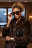 Woman in a fur coat and sunglasses holding a handbag indoors