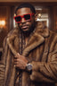 Man wearing a brown fur coat and red sunglasses with a blurred indoor background