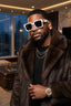 Man wearing a fur coat, sunglasses, and a gold watch in an indoor setting with cityscape view.