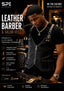A man wearing a black leather barber and salon vest over a black shirt, standing in a dimly lit bar or salon interior. The image includes promotional text for SPI Styles and product features, with the vest highlighted as the main item.