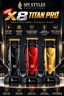 Three professional hair clippers from SPI STYLES X8 TITAN PRO are displayed on a black pedestal against a dark, dramatic background with gold lighting. The clippers are shown in three color options: black, metallic red, and metallic gold.
