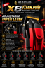 A promotional graphic for the SPI Styles X8 Titan Pro professional hair clipper, showing the red and black clipper with gold accents, feature callouts, adjustment diagrams, and stage settings for blade gap.