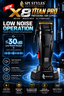 A promotional product graphic for the SPI Styles X8 Titanium Pro professional hair clipper. The clipper is shown in black with a red lever on its charging dock, set against a dark blue and black background with glowing blue light effects and multiple feature callouts including low noise operation, 8000 RPM, and DLC titanium blades.
