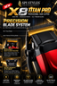 A promotional product graphic for the SPI Styles Professional X8 Titan Pro hair clipper, showing the clipper close-up with gold titanium blades, black and red body, and feature callouts on a dark gold background.