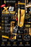 Gold and black SPI Styles X8 Titan Pro professional hair clipper shown on a black stand with multiple feature callouts and icons on a dark barbershop-style background.