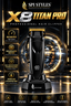 SPI Styles X8 Titan Pro professional hair clipper in black with gold accents, displayed on its black charging stand against a dark metallic background with glowing gold circular elements and feature callouts.
