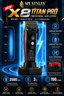 A promotional graphic for the SPI Styles Professional X8 Titan Pro hair clipper, showing the black clipper with red trim on a charging dock against a dark blue background with glowing blue effects and feature callouts.