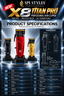 A promotional product graphic for the SPI Styles X8 Titan Pro professional hair clipper. The image features three clipper models in black, red, and gold, along with technical specifications, dimensions, and feature icons on a dark blue and black background with light effects.
