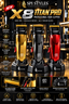 Three professional hair clippers from SPI STYLES X8 Titan Pro are displayed side-by-side on a reflective dark surface, with gold, black, and red color options. The background is a blurred bar or salon interior, and the image is heavily stylized with promotional text and feature icons.