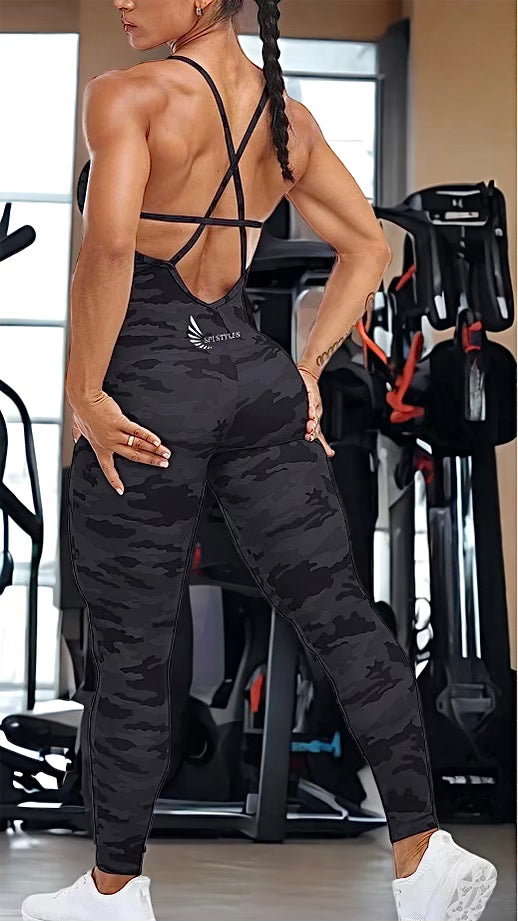 Womens Criss Cross Blackless Workout Jumpsuit Sleeveless One-Piece Rompers Spaghetti Strap Leggings