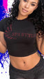 Rosetta “Girls Weekend” Black Crop Top, with Red Rose Rhinestones