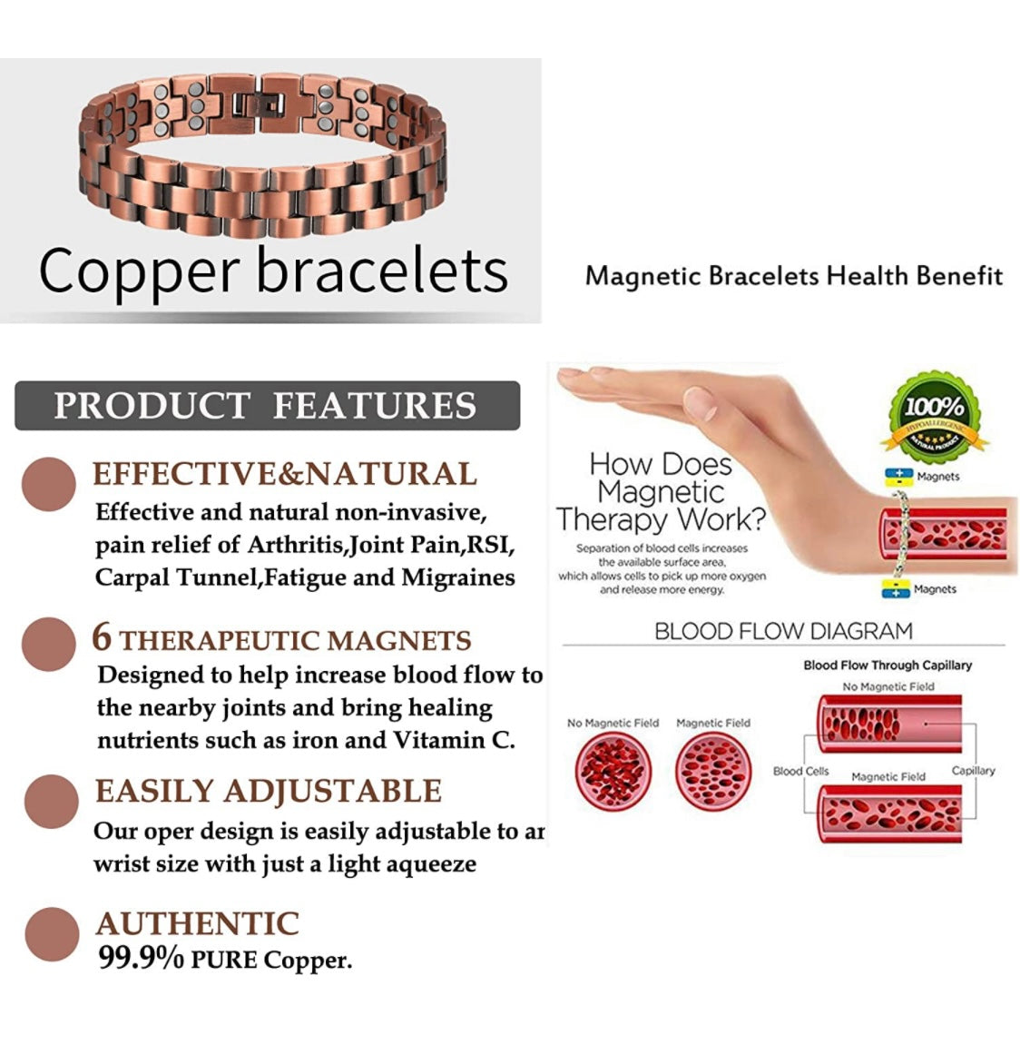 Buy Ultra Strength Magnetic Therapy Bracelet - Arthritis Pain Relief and  Carpal Tunnel Magnetic Bracelets for Men - Adjustable Bracelet Length with  Sizing Tool (Silver & Gold) Online at Low Prices in