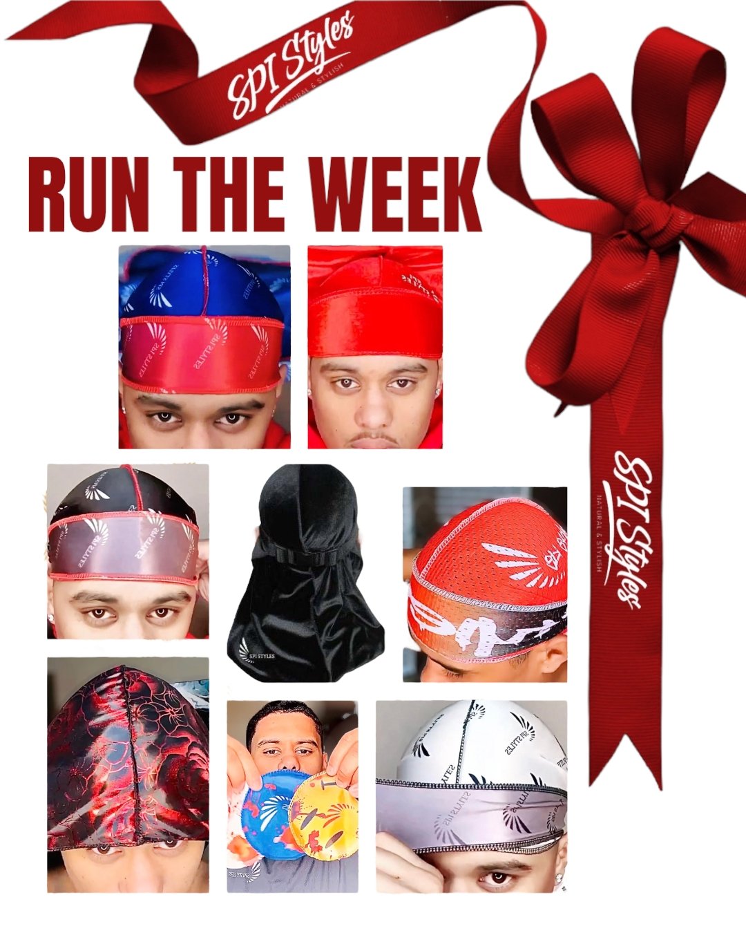 RUN THE WEEK 1 Mesh, 3 Crown Patches, 1 Velvet, 1 Strapless, 1 Rose Silk, 3 SPI Styles Designer Durag Set