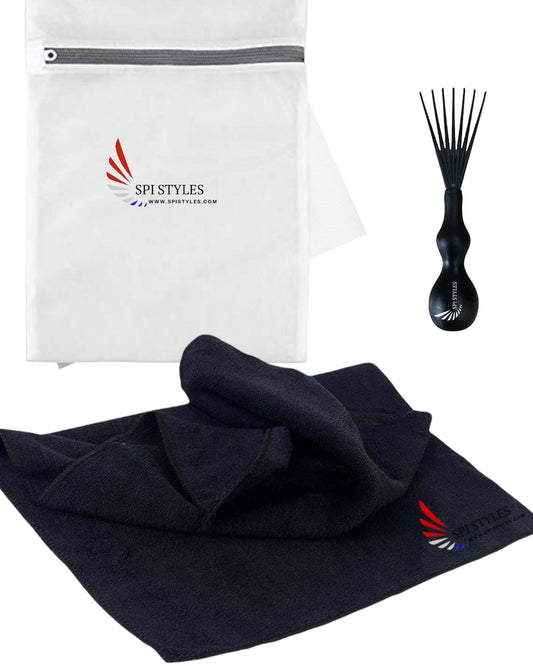 SPI Styles Clean Collection - Barber & Salon Hair Towel; Mesh Laundry Bag for Durags; Bold Brush Rake