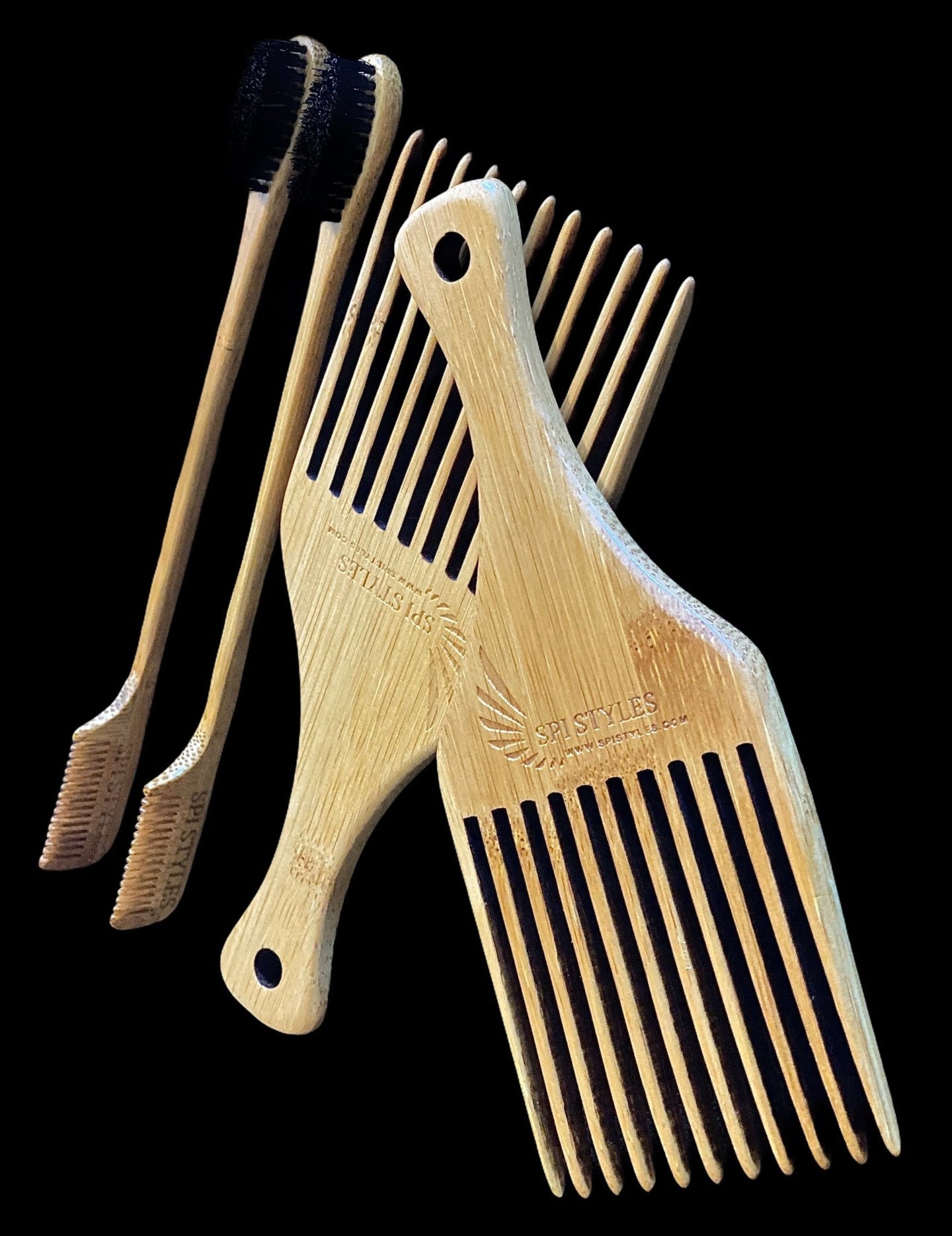 SPI Styles Natural Wood (Essential OIL INFUSED) - Afro Hair and Beard Pick - Wide Tooth Pick, Scalp Massage Detangling Comb (2 PACK) - SPI Styles