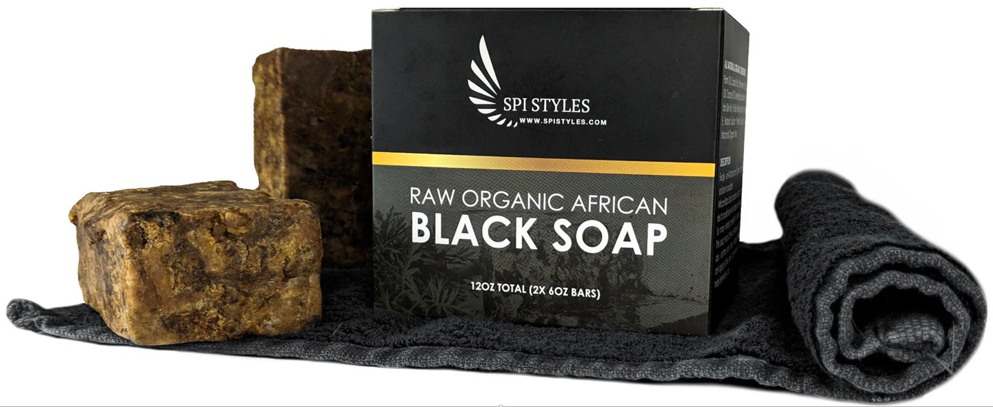 SPI Styles Raw African Black Soap with Black Soap Towel (2 Towels) - SPI Styles